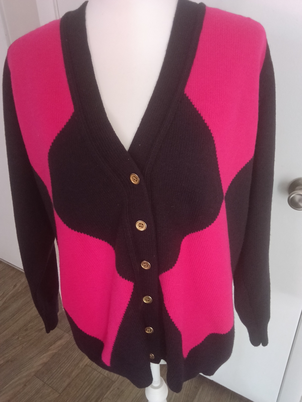 Jones New York Black and Hot Pink Colorblock Button Cardigan